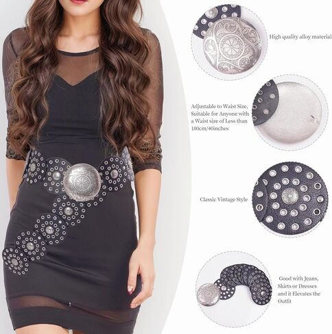 أحزمة غربية للنساء، حزام قرصي عريض للنساء، حزام دائري، حزام خصر راعية البقر لفساتين الجينز بإبزيم معدني in Kuwait