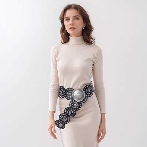 أحزمة غربية للنساء، حزام قرصي عريض للنساء، حزام دائري، حزام خصر راعية البقر لفساتين الجينز بإبزيم معدني in Kuwait