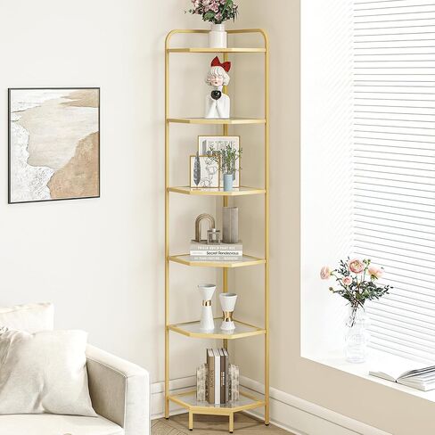 Corner Shelf Stand, Glass Bookshelf Bookcase, Bathroom Organizer, Plant Stand, Steel Frame, Tempered Glass, Modern Style for Living Room, Bathroom, Kitchen, 6-Tier Golden CS90600G in Saudi Arabia