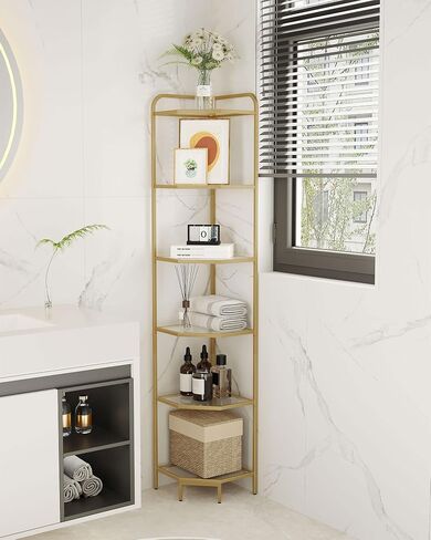 Corner Shelf Stand, Glass Bookshelf Bookcase, Bathroom Organizer, Plant Stand, Steel Frame, Tempered Glass, Modern Style for Living Room, Bathroom, Kitchen, 6-Tier Golden CS90600G in Saudi Arabia