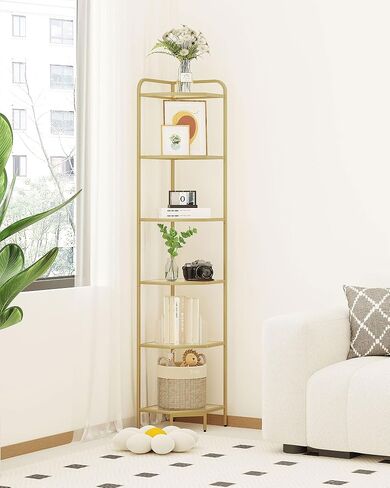 Corner Shelf Stand, Glass Bookshelf Bookcase, Bathroom Organizer, Plant Stand, Steel Frame, Tempered Glass, Modern Style for Living Room, Bathroom, Kitchen, 6-Tier Golden CS90600G in Saudi Arabia