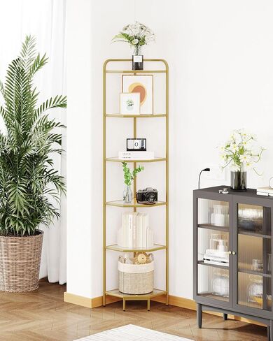 Corner Shelf Stand, Glass Bookshelf Bookcase, Bathroom Organizer, Plant Stand, Steel Frame, Tempered Glass, Modern Style for Living Room, Bathroom, Kitchen, 6-Tier Golden CS90600G in Saudi Arabia