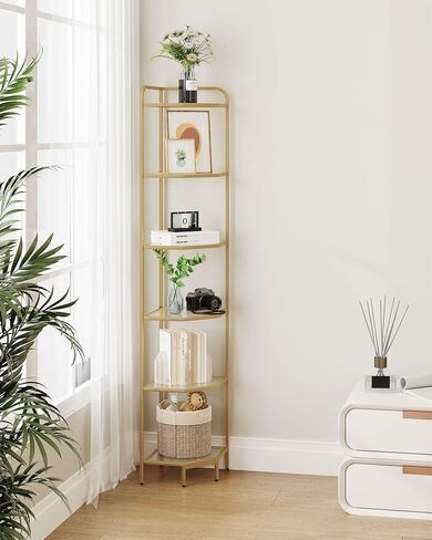 Corner Shelf Stand, Glass Bookshelf Bookcase, Bathroom Organizer, Plant Stand, Steel Frame, Tempered Glass, Modern Style for Living Room, Bathroom, Kitchen, 6-Tier Golden CS90600G in Saudi Arabia