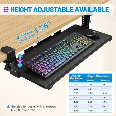 Snughome Height Adjustable Keyboard Tray Under Desk, Pull Out Keyboard & Mouse Tray with Sturdy C Clamp for L Shaped Table, 26.4''(30.9'' Including Clamps)×11.8'' Slide-Out Computer Keyboard Drawer in Kuwait