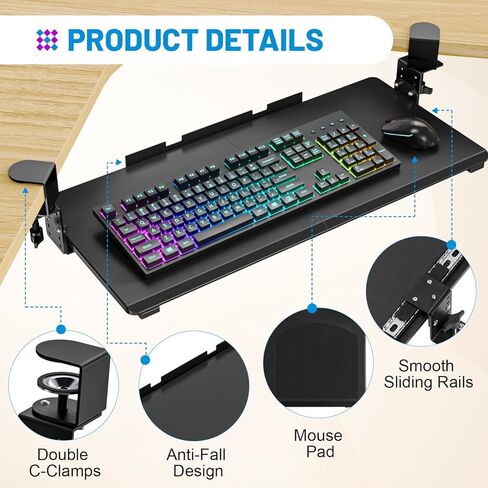 Snughome Height Adjustable Keyboard Tray Under Desk, Pull Out Keyboard & Mouse Tray with Sturdy C Clamp for L Shaped Table, 26.4''(30.9'' Including Clamps)×11.8'' Slide-Out Computer Keyboard Drawer in Kuwait