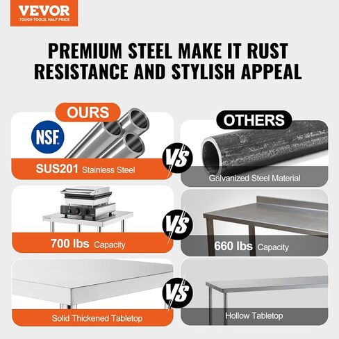 VEVOR 24 x 24 x 36 Inch Stainless Steel Work Table, Commercial Food Prep Worktable Heavy Duty Prep Worktable, Metal Work Table with Adjustable Height for Restaurant, Home and Hotel in Saudi Arabia
