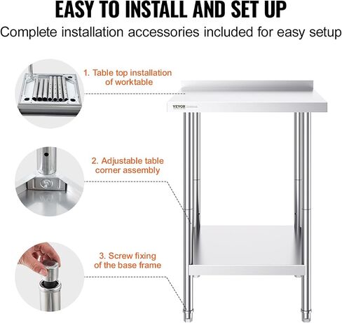 VEVOR 24 x 24 x 36 Inch Stainless Steel Work Table, Commercial Food Prep Worktable Heavy Duty Prep Worktable, Metal Work Table with Adjustable Height for Restaurant, Home and Hotel in Saudi Arabia