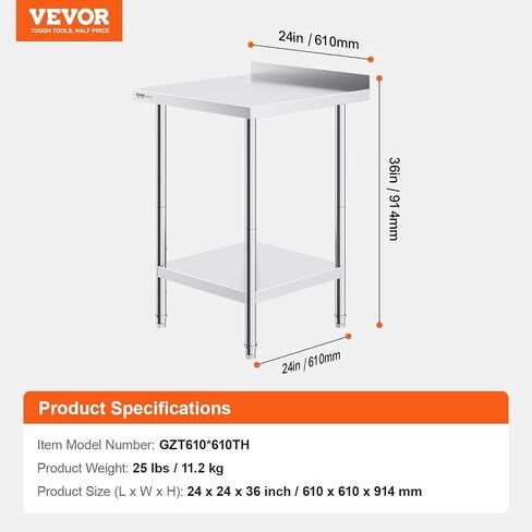 VEVOR 24 x 24 x 36 Inch Stainless Steel Work Table, Commercial Food Prep Worktable Heavy Duty Prep Worktable, Metal Work Table with Adjustable Height for Restaurant, Home and Hotel in Saudi Arabia