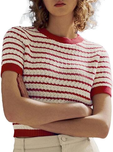 Striped Knit Short Sleeve Sweater for Women Casual Crew Neck Pullover Summer Shirts Trendy Soft Work Tops in Saudi Arabia