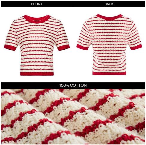Striped Knit Short Sleeve Sweater for Women Casual Crew Neck Pullover Summer Shirts Trendy Soft Work Tops in Saudi Arabia