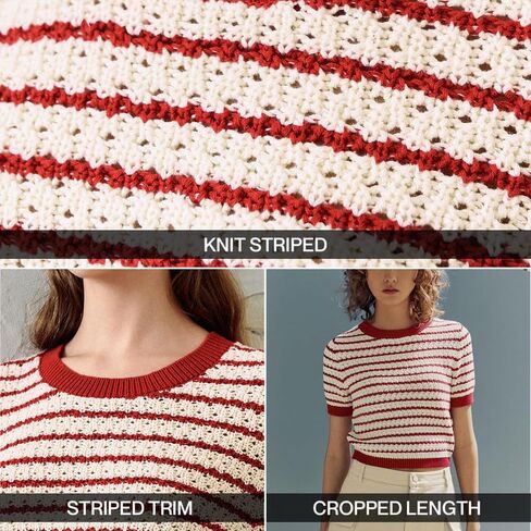 Striped Knit Short Sleeve Sweater for Women Casual Crew Neck Pullover Summer Shirts Trendy Soft Work Tops in Saudi Arabia