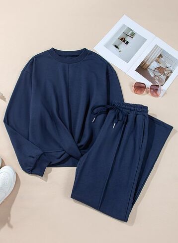 Herseas Women 2 Piece Outfits Twist Front Sweatshirt Wide Leg Sweatpants Casual Lounge Sets in Saudi Arabia