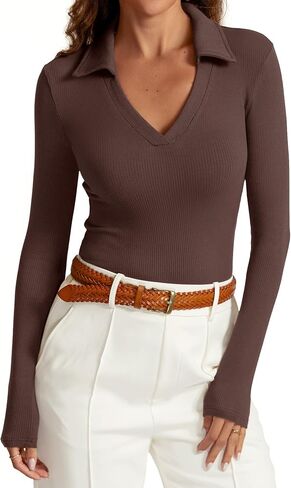 Womens Long Sleeve V Neck Polo Shirts Business Casual Collared Work Top Slim Fitted Basic 2024 Fall Shirt in Kuwait