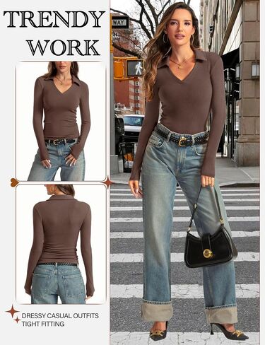 Womens Long Sleeve V Neck Polo Shirts Business Casual Collared Work Top Slim Fitted Basic 2024 Fall Shirt in Kuwait