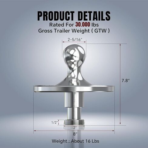 وصلة وصلة محول كرة Gooseneck 2085295 كروم مع حلقتين تعويض 3/16 بوصة، محول استقبال سحب الكرة Kingpin إلى Gooseneck مع سعة تحميل 30000 رطل، مناسب لمقطورة الجرار ذات العجلة الخامسة in Kuwait