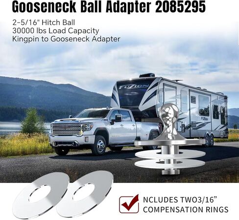 وصلة وصلة محول كرة Gooseneck 2085295 كروم مع حلقتين تعويض 3/16 بوصة، محول استقبال سحب الكرة Kingpin إلى Gooseneck مع سعة تحميل 30000 رطل، مناسب لمقطورة الجرار ذات العجلة الخامسة in Kuwait