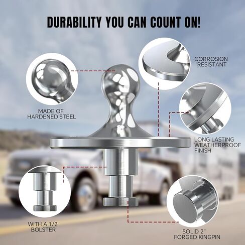 وصلة وصلة محول كرة Gooseneck 2085295 كروم مع حلقتين تعويض 3/16 بوصة، محول استقبال سحب الكرة Kingpin إلى Gooseneck مع سعة تحميل 30000 رطل، مناسب لمقطورة الجرار ذات العجلة الخامسة in Kuwait