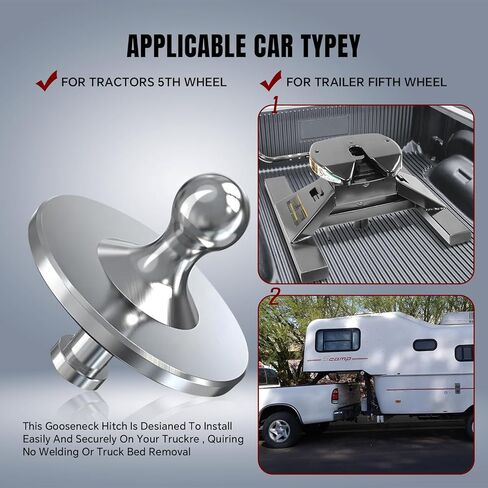 وصلة وصلة محول كرة Gooseneck 2085295 كروم مع حلقتين تعويض 3/16 بوصة، محول استقبال سحب الكرة Kingpin إلى Gooseneck مع سعة تحميل 30000 رطل، مناسب لمقطورة الجرار ذات العجلة الخامسة in Kuwait