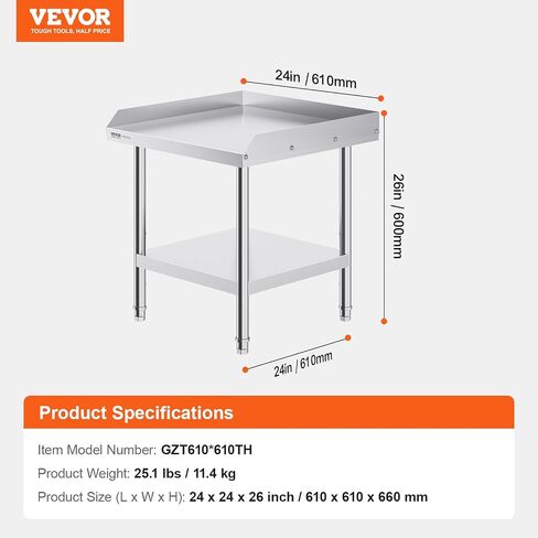 طاولة عمل من الفولاذ المقاوم للصدأ VEVOR، طاولة عمل تجارية لإعداد الطعام مقاس 24 × 24 × 26 بوصة، طاولة عمل إعدادية ثقيلة بثلاثة جوانب، طاولة عمل معدنية مع ارتفاع قابل للتعديل لمطعم المنزل والفندق in Kuwait