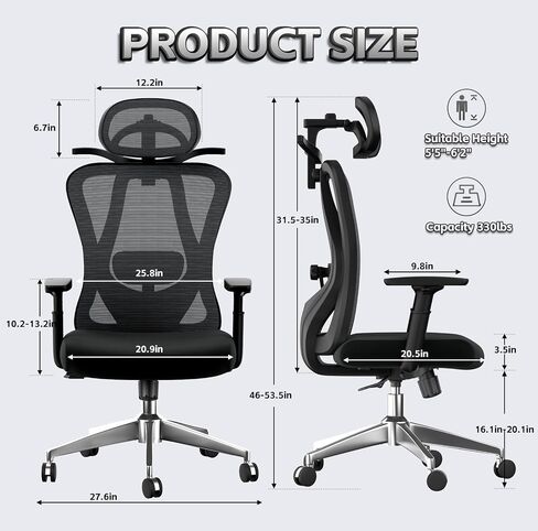 Ergonomic Office Chair, High Back Mesh Desk Chair with Adjustable Lumbar Support, 135° Rocking Backrest, Adjustable Armrest and Headrest, Coat Hanger, Best Desk Chair for Long Hours, Black in Saudi Arabia