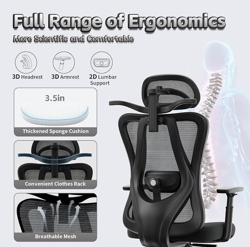 Ergonomic Office Chair, High Back Mesh Desk Chair with Adjustable Lumbar Support, 135° Rocking Backrest, Adjustable Armrest and Headrest, Coat Hanger, Best Desk Chair for Long Hours, Black in Saudi Arabia