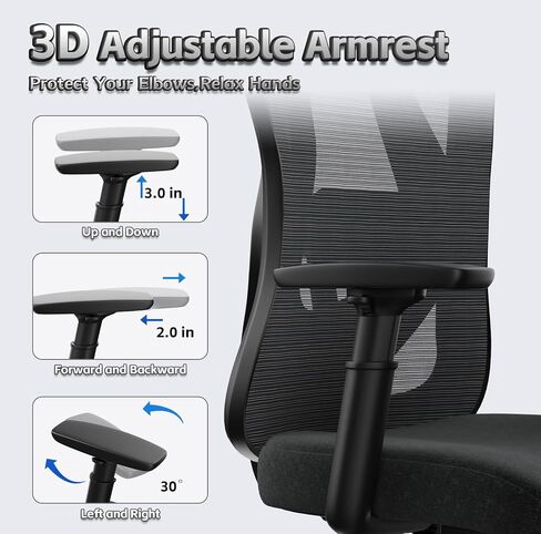 Ergonomic Office Chair, High Back Mesh Desk Chair with Adjustable Lumbar Support, 135° Rocking Backrest, Adjustable Armrest and Headrest, Coat Hanger, Best Desk Chair for Long Hours, Black in Saudi Arabia