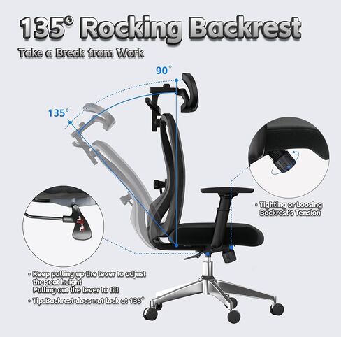 Ergonomic Office Chair, High Back Mesh Desk Chair with Adjustable Lumbar Support, 135° Rocking Backrest, Adjustable Armrest and Headrest, Coat Hanger, Best Desk Chair for Long Hours, Black in Saudi Arabia
