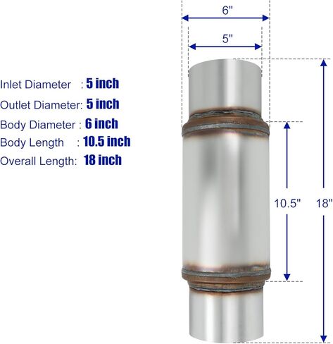 مرنان العادم 5 "مدخل 5" مخرج كاتم صوت عالي الأداء 18 "بوصة إجمالي الفولاذ المقاوم للصدأ مستقيم in Kuwait