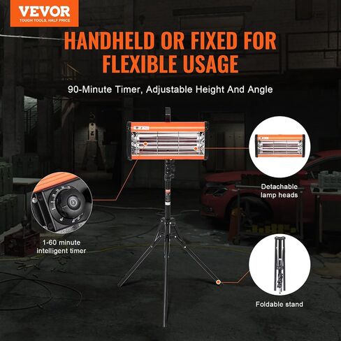 VEVOR Infrared Curing Lamp, Handheld/Stand Dual Use, 2000W 0-90 min Timing, Auto Heating Car Curing Light with Bracket, 3.55 sq.ft Spray Baking Booth Heaters, Paint Dryer for On-Site Repair in Saudi Arabia