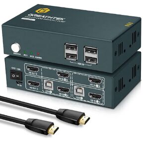 GREATHTEK KVM Switch HDMI 4 Port Box, UHD 4K@60Hz & 3D & 1080P Supported, Hot Key Switch,USB 2.0, with 4 USB-B and 4 HDMI Cables