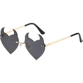 Junsika Rimless Devil Heart Sunglasses for Women Trendy Novelty Halloween Party Demon Horns Sunglasses UV400 Protection