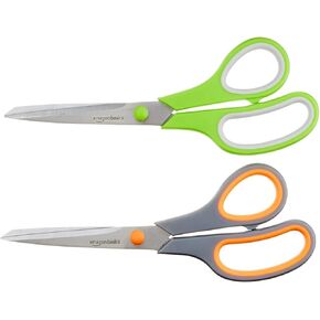 Amazon Basics Stainless Steel Scissors for Office, Crafts, Multipurpose, Sharp, Comfort Grip, PVD Coated, 2 Pack, Green and Grey