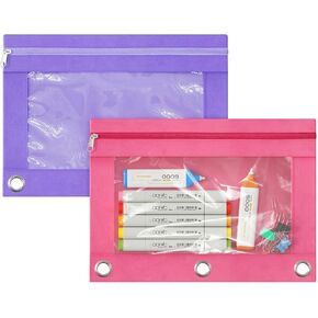 2 Pack Pencil Pouch for 3 Ring Binder,Binder Pencil Pouch with Zipper,3 Ring Pencil Case with Clear Window,Big Capacity Pencil Bag for Office School College Supplies (Purple&Rose Red)