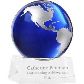 Engraved Trophy - Crystal Two-Piece Award for Employees - Clear Crystal Base and Blue Globe - Comes in Gift Box