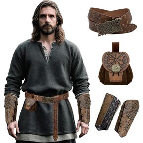 3 PCs Medieval Faux Leather Costume Accessories, Viking Embossed Arm Guard with Buckle Belt and Side Bag for LARP