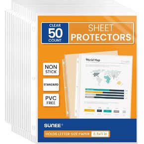 SUNEE Sheet Protectors 8.5x11 Inches for 3 Ring Binder, PVC-Free Clear Page Protectors Plastic Cover for Paper, Documents, Photos, Top Loading Binder Sleeves Letter Size 50 Packs