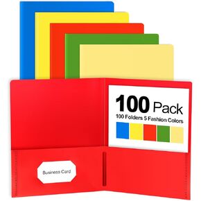100 Pack Plastic Folders with Pockets, 5 Color Heavy Duty Two Pocket Folder Business Card Holder for Office High School, Business Resume