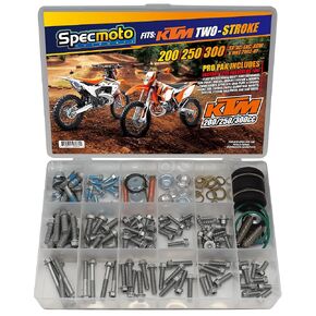 Specmoto KTM Two-Stroke Specific Bolt Kit. Fits: KTM 200 250 300 SX XC EXC XCW & MXC Two Stroke Model Series Dirt Bike Motorcycle. Years 2002 to Current.