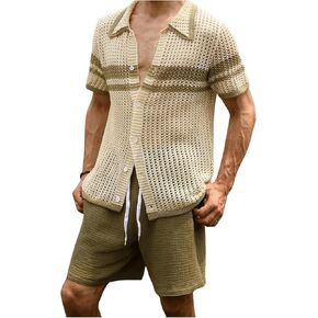 Verdusa Men's Hollow Out Knitted Button Down Short Sleeve Cardigan Sweater