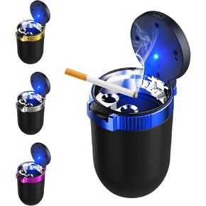 Car Ashtray with Lid, Detachable Stainless Steel Smokeless Auto Ashtray with Blue LED Light, Mini Vehicle Trash Can for Cup Holder Home Office, Interior Car Accessories (Blue)
