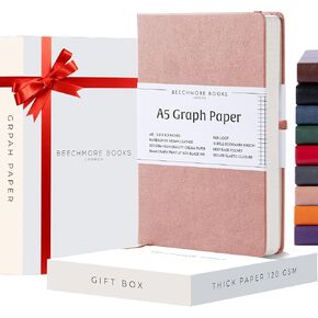 BEECHMORE BOOKS Graph Paper Notebook - Regular, Navy | Premium Square Grid Math & Science Journal | 5.75" x 8.25" Hardcover Vegan Leather | Thick 120gsm Cream Graph Paper | Gift Box for Men & Women