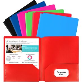 Plastic Folders with Pockets, 6 Assorted Colors 2 Pocket Folders with Business Card Holder, Heavy Duty Paper File Folder Fits Letter Size Documents for School Office Home Bussiness 6 Pack
