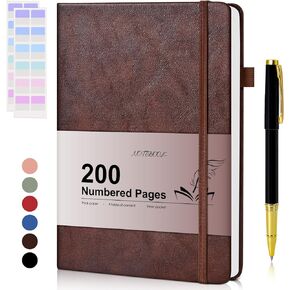 Lined Journal Notebook for Men Women, 200 Numbered Pages Leather Hardcover Journal with Pen, A5 Journaling Notebooks, Thick Paper College Ruled Journals for Writing Work Business 5.75'' X 8.38'' Brown