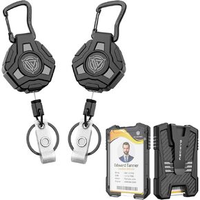 [2+1 Set] 2 Pack Retractable Keychain + 1 Pack Carbon Fiber Badge Holder, Heavy Duty Retractable Badge Holders with Upgraded Zinc Alloy Carabiner, 31.5'' Coated Steel Cord, Bearing 8.0 oz- Black