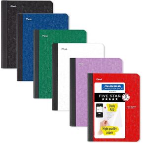 Five Star Composition Books + Study App, 6 Pack, College Ruled Paper, 9-3/4" x 7-1/2", 80 Sheets, Black, Red, Green, Blue, Purple, White (850065A-ECM)