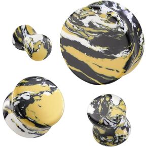 Pair (2PCS) YELLOW BLACK WHITE TURQUOISE STONE PLUGS Double Flare Organic Gauges Ear Tunnels 9306