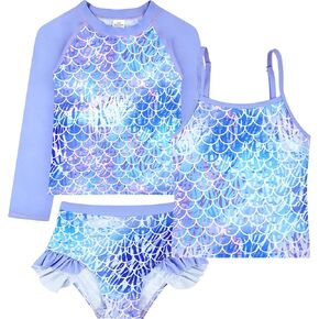 JiAmy Girls Swimsuit Set - 3 Pieces Long Sleeve Bathing Suit UV Protect Swimwear Rash Guard Tankini Sets for Kids 4-9 Years