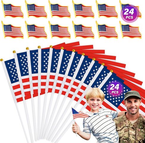 50Pcs American Flag 50Pcs Veterans Day Pins, Small American Flags on Stick, Waving US Flag Pin Badge Brooch, Handhold Mini Flags American Flag Lapel Pins for Veterans 4th of July Patriotic in Kuwait