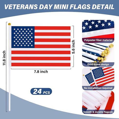 50Pcs American Flag 50Pcs Veterans Day Pins, Small American Flags on Stick, Waving US Flag Pin Badge Brooch, Handhold Mini Flags American Flag Lapel Pins for Veterans 4th of July Patriotic in Kuwait