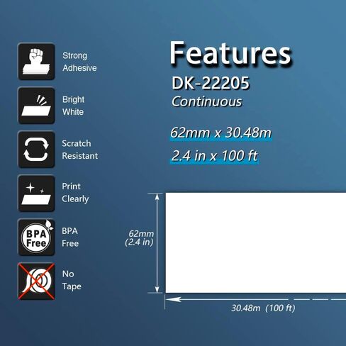 BETCKEY - Compatible Continuous Labels Replacement for Brother DK-2205 (2.4 in x 100 ft), Use with Brother QL Label Printers [10 Rolls] in Kuwait